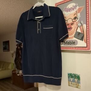 QUINCE Mens Organic Cotton & Silk Polo Shirt Sweater Navy/Ivory Short Sleeve L